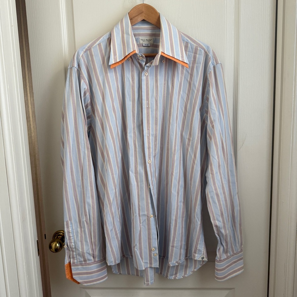 Vittorio Marchesi - blue/orange stripe dress shirt - 17.5/44 slim Made in Italy